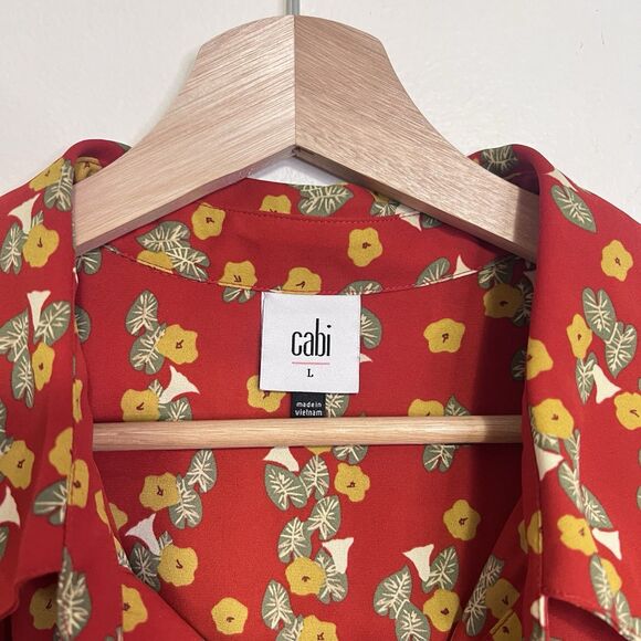 Cabi Belfry Floral Popover Blouse #3947 Size L Coral Red Long Sleeve - Picture 4 of 8